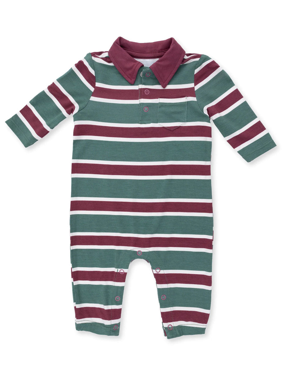 Striped baby romper in green and maroon with a collared neckline and snap closures. Ideal for casual wear.