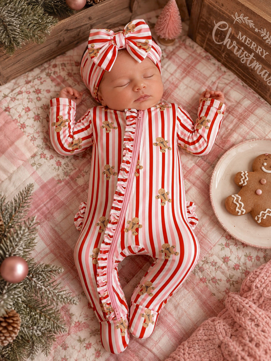 2-Way Zip Ruffle Footie, Gingerbread Lane Pink