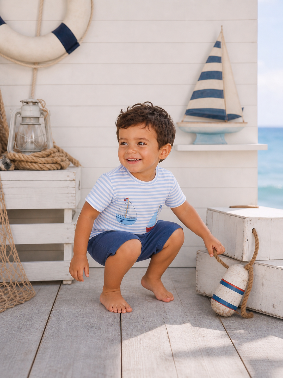 Smiling boy in striped shirt squats near nautical decor on a sunny beach.