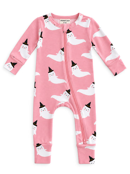 Pink baby onesie with smiling ghosts wearing black hats, featuring a front zipper and long sleeves.