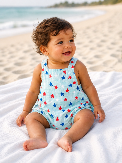Smiling baby in star-patterned romper sitting on a beach blanket, with ocean waves in the background.