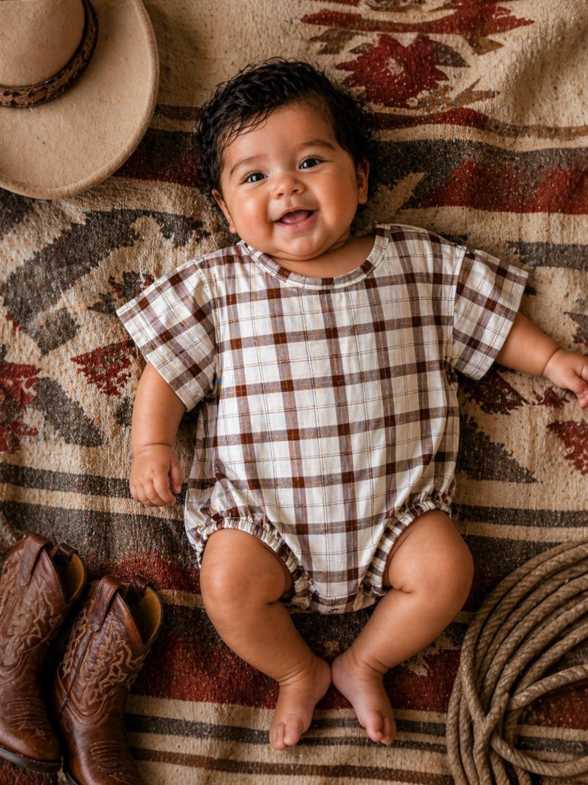 Smiling baby in a plaid outfit, surrounded by cowboy boots and a hat on a textured blanket.