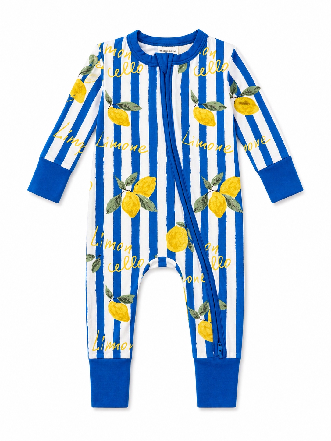 Blue and white striped baby onesie with lemon prints and "Limone" text design.