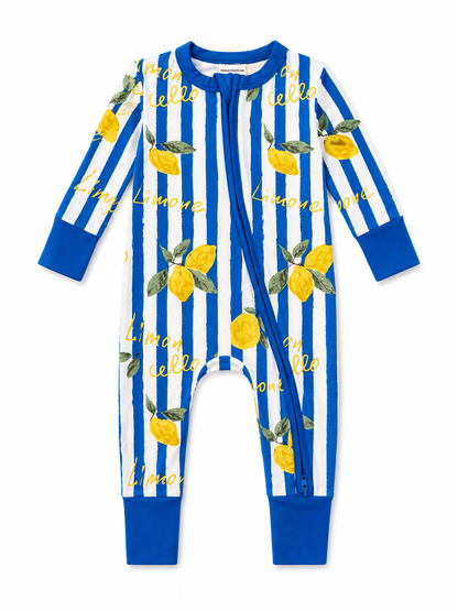 Blue and white striped baby onesie with lemon prints and "Limone" text design.