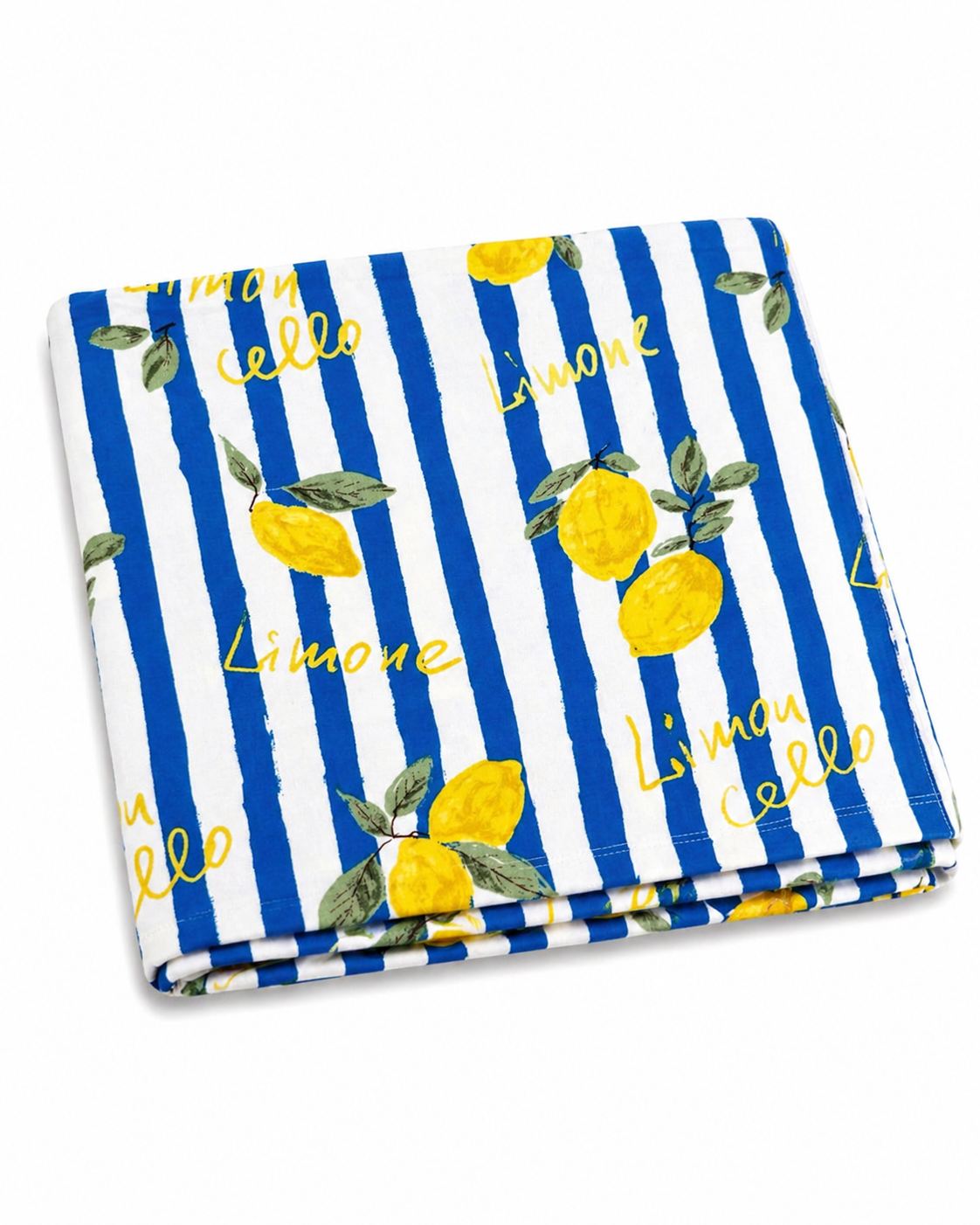 Lemon-patterned fabric with blue and white stripes, featuring the word "Limone" and "Limocello."