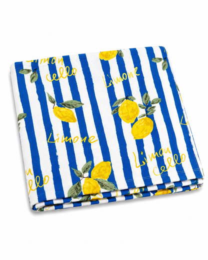 Lemon-patterned fabric with blue and white stripes, featuring the word "Limone" and "Limocello."