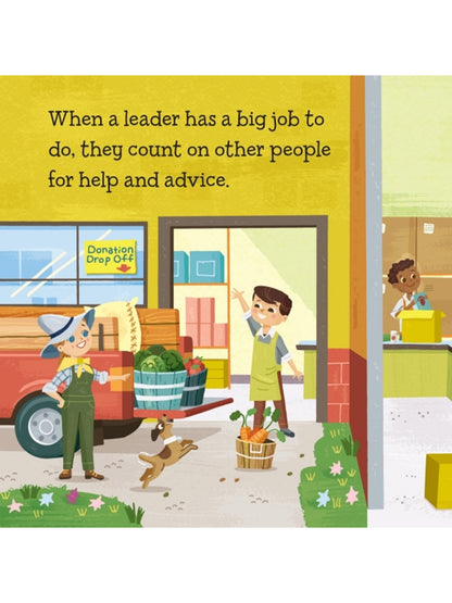 Illustration of a community helping with a donation drop-off, featuring people, fruits, vegetables, and a dog.
