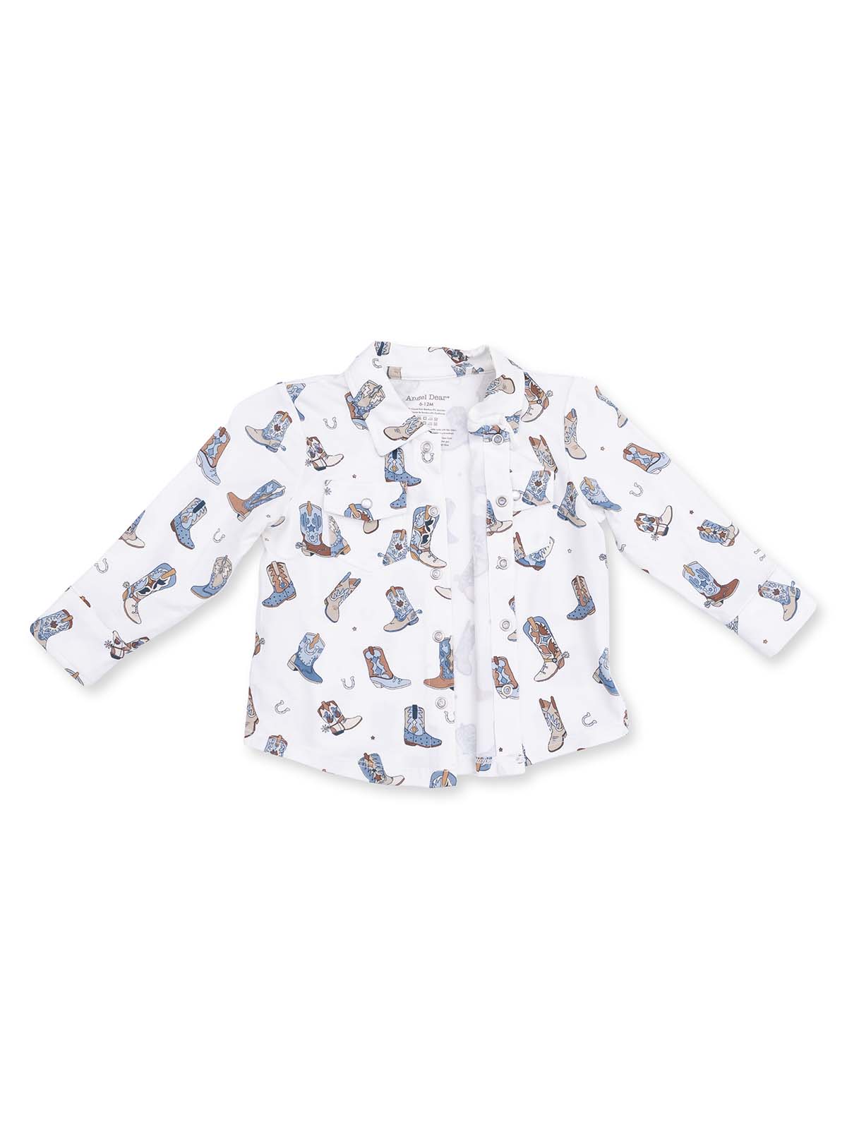 White long-sleeve shirt with colorful cowboy boots and accessories pattern. Perfect for casual wear.