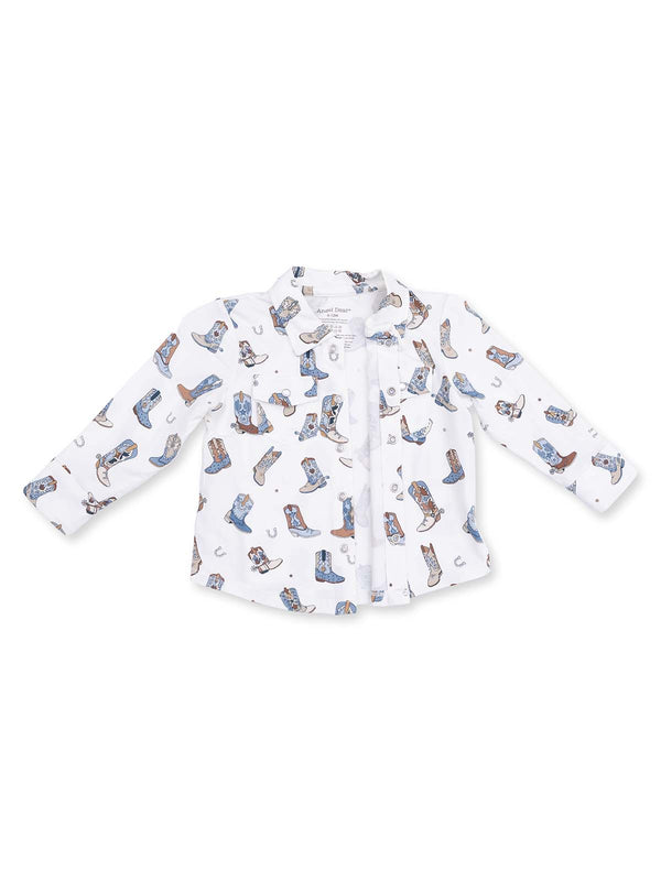 White long-sleeve shirt with colorful cowboy boots and accessories pattern. Perfect for casual wear.