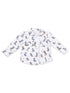 White long-sleeve shirt with colorful cowboy boots and accessories pattern. Perfect for casual wear.