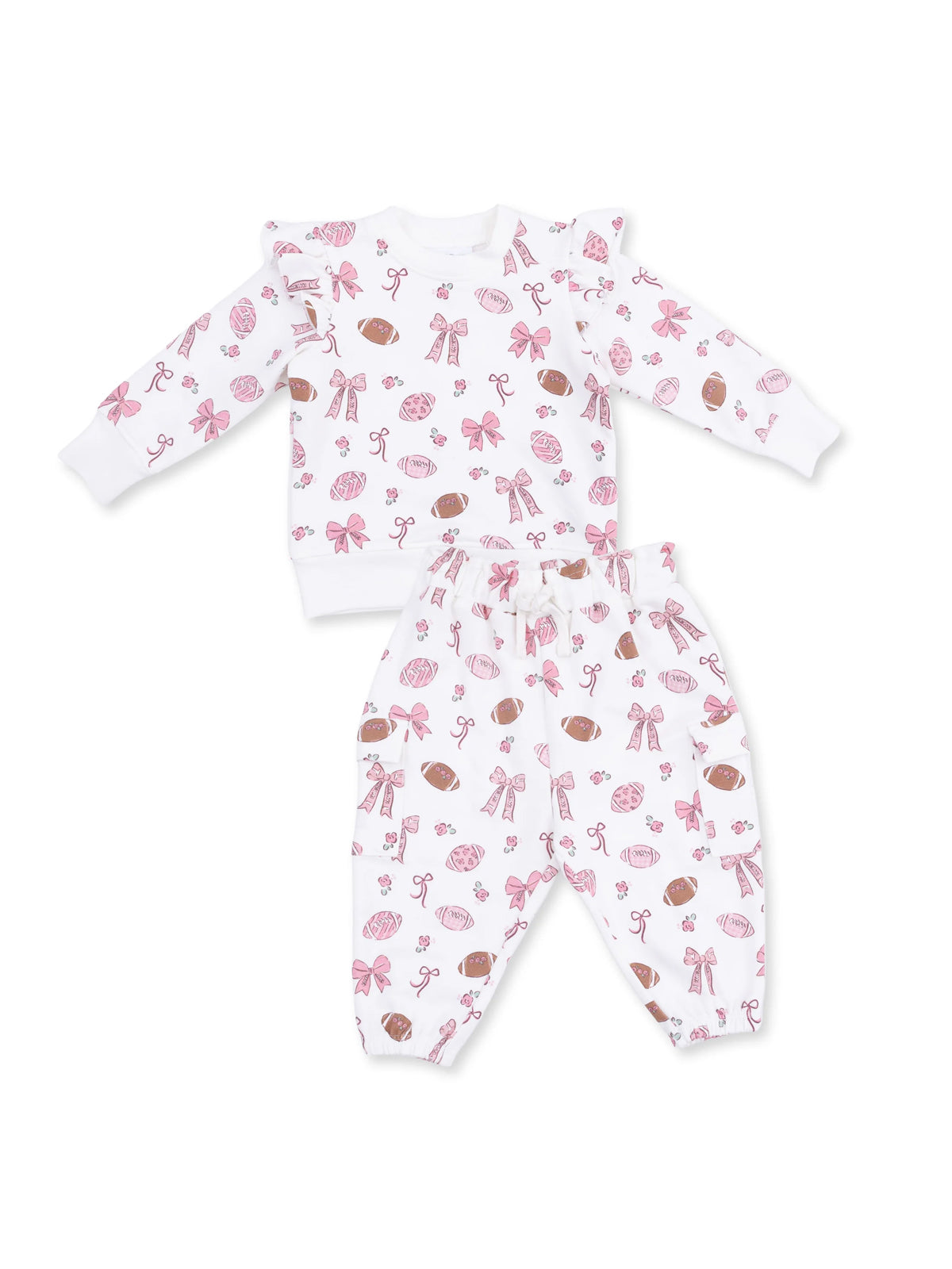 Girl's matching sweatshirt and pants set with colorful bows and ribbons on a white background. Perfect for casual wear.
