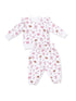 Girl's matching sweatshirt and pants set with colorful bows and ribbons on a white background. Perfect for casual wear.
