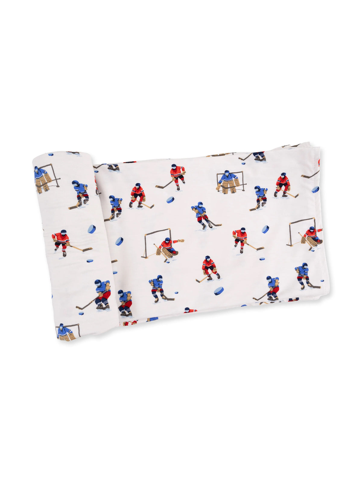Hockey-themed fabric featuring colorful illustrations of players and goalies in action on a light background.