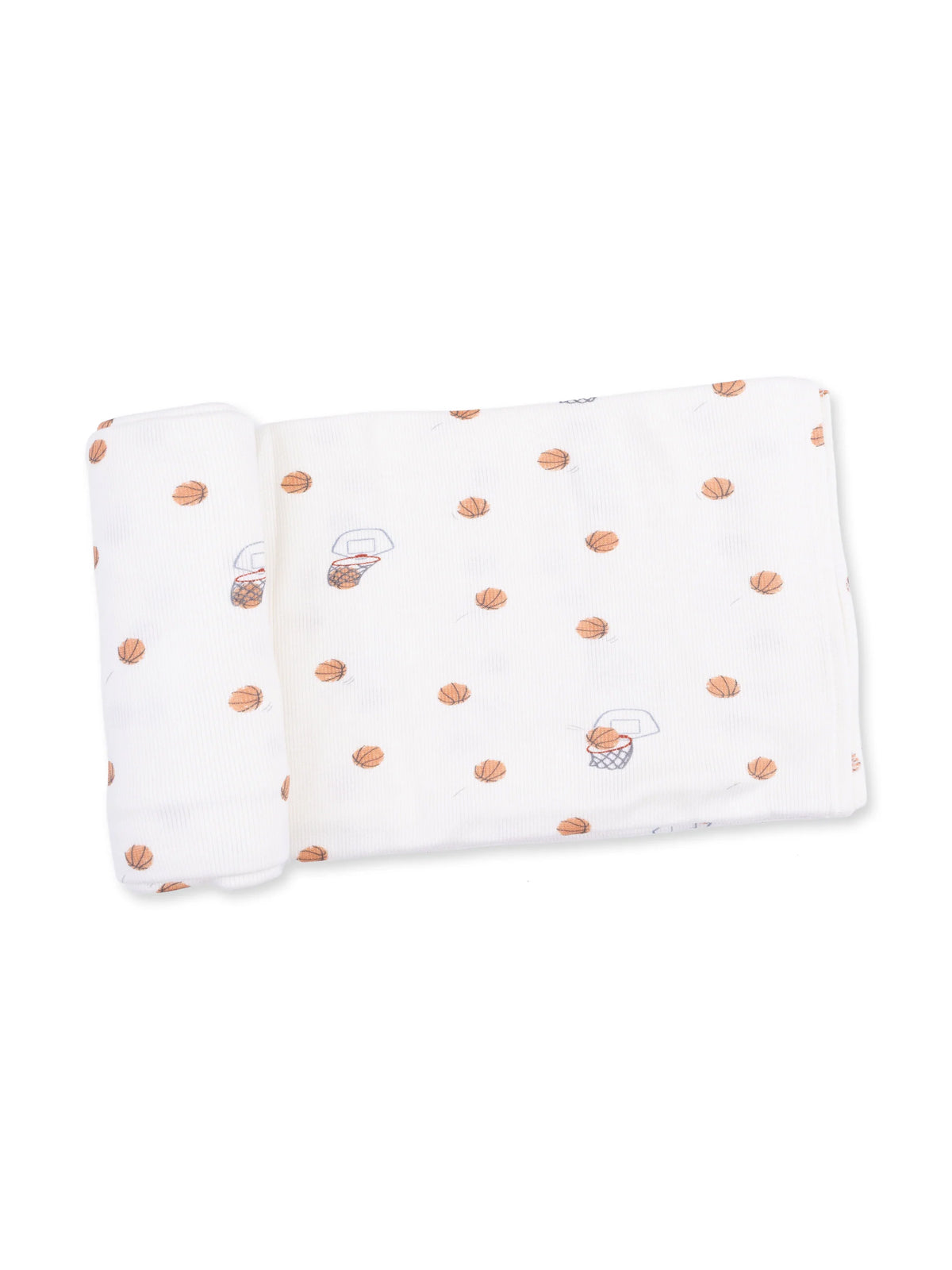 White fabric rolled with basketball and hoop print pattern.