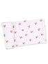 Light pink fabric featuring a repeated pattern of brown footballs adorned with pink bows.