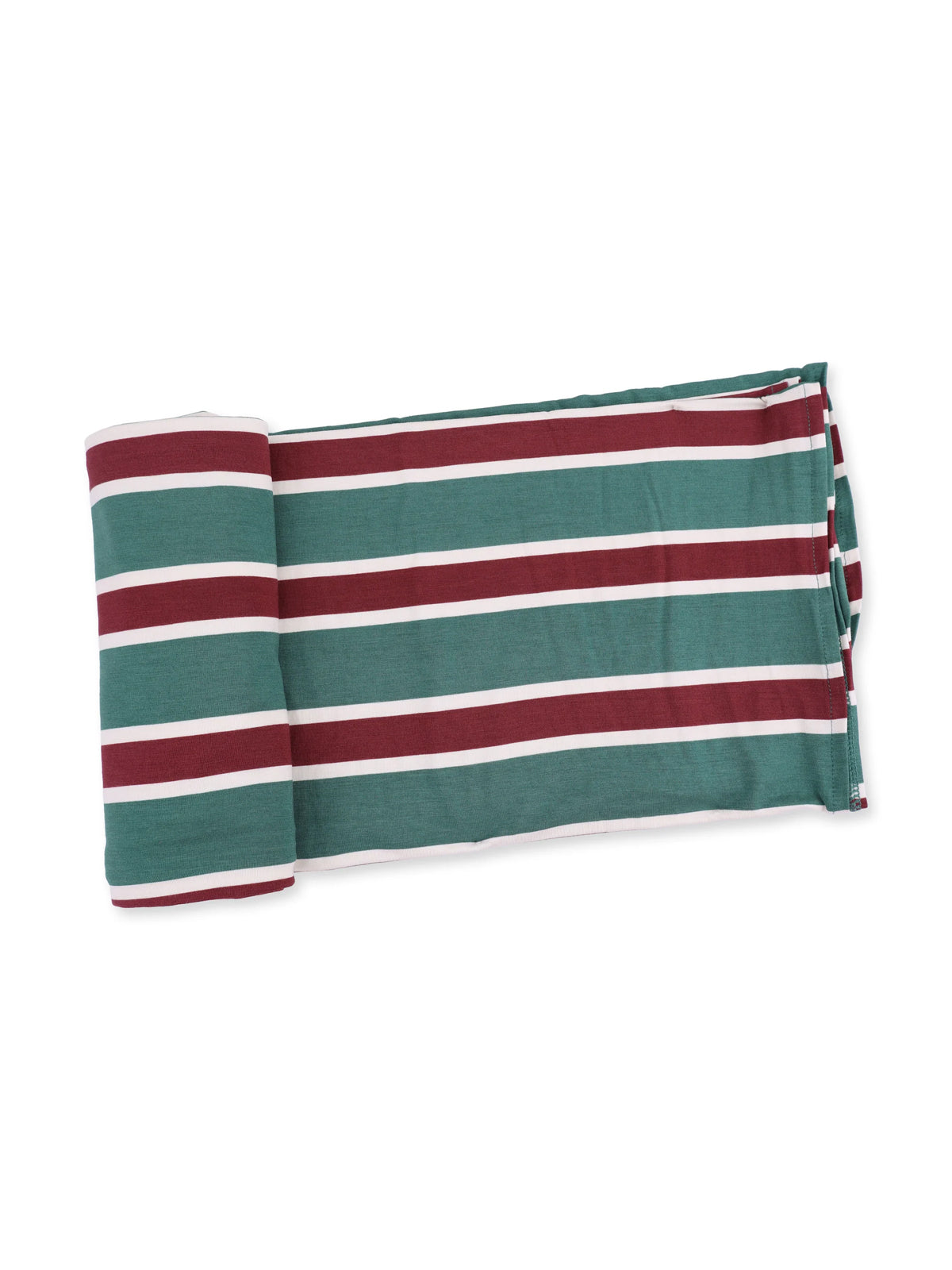 Striped fabric in teal, burgundy, and white, rolled neatly on a white background. Ideal for various textile projects.
