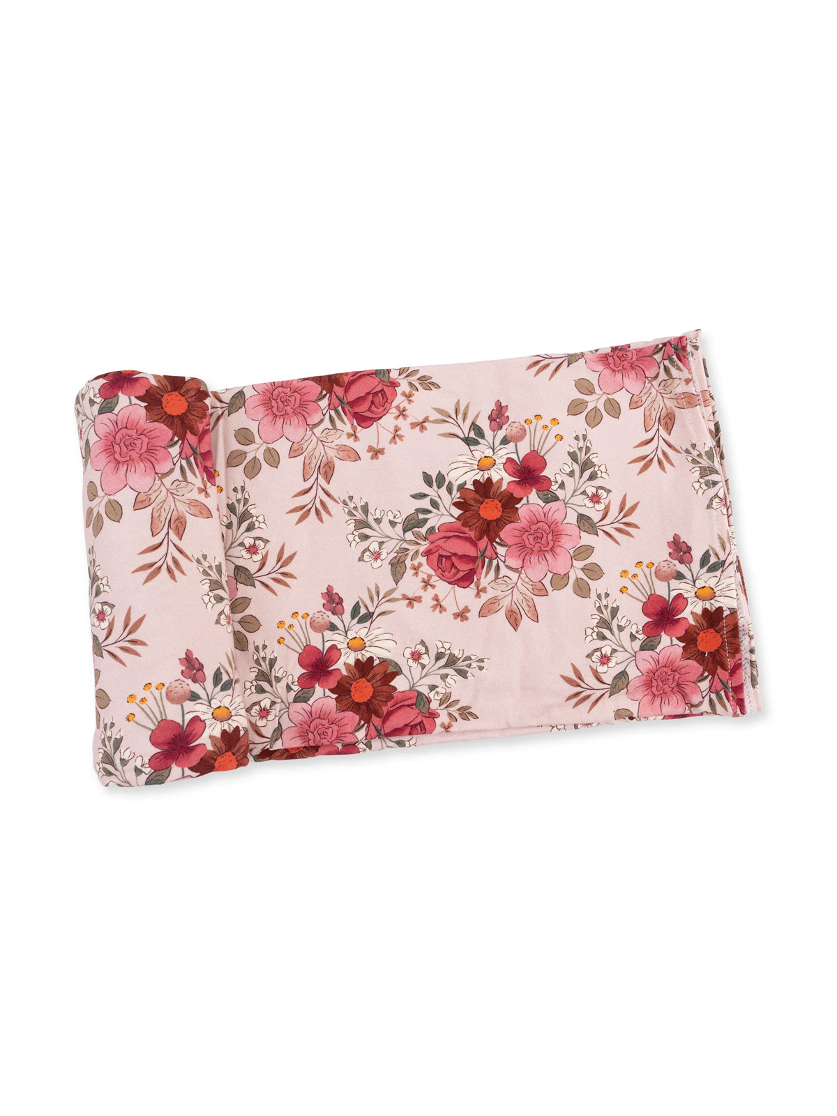 Floral patterned fabric featuring pink and burgundy flowers on a light pink background.