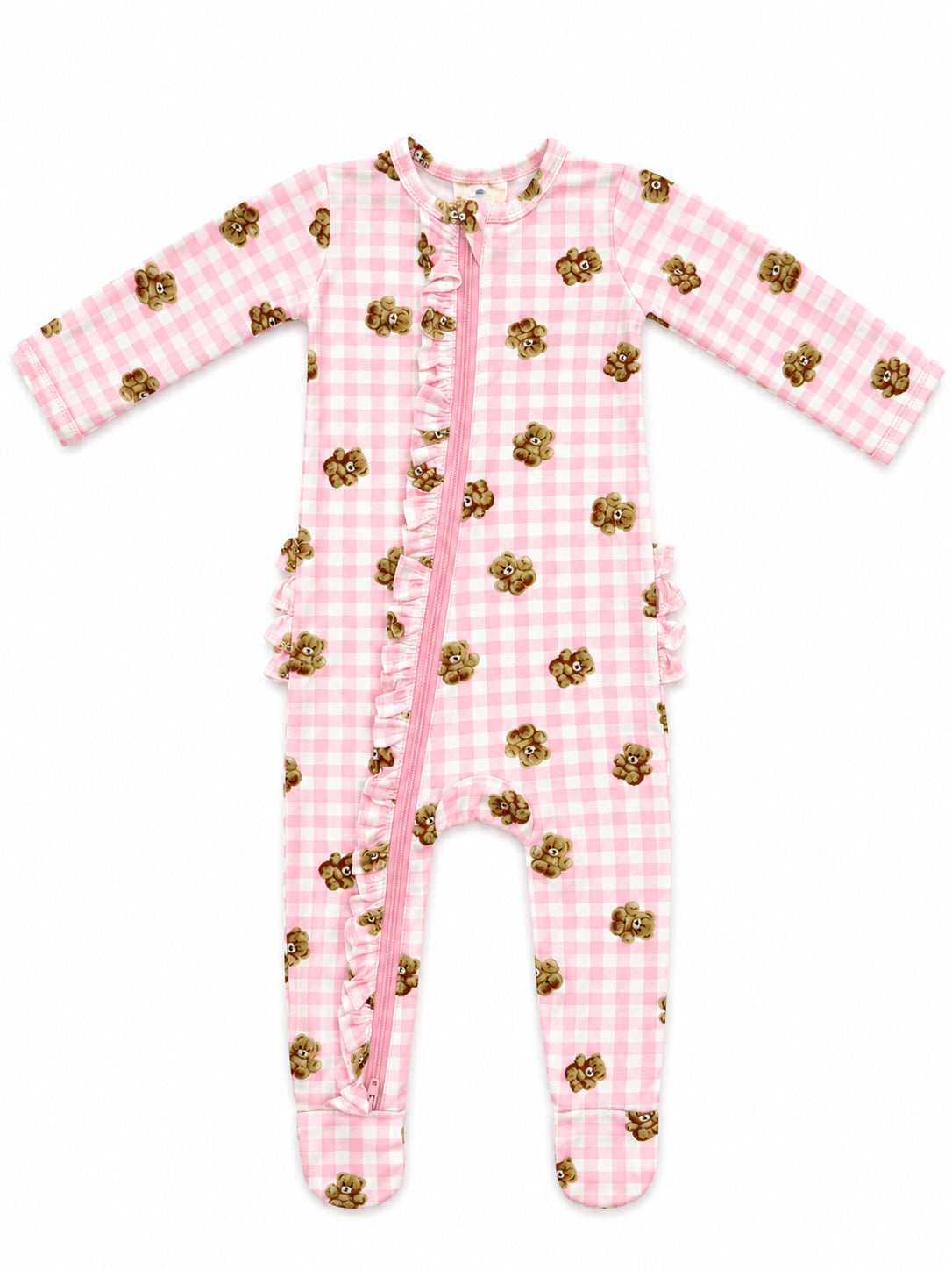 Pink gingham baby onesie with ruffled zipper and cute teddy bear patterns. Ideal for comfort and playtime.