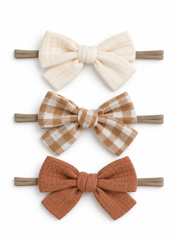 Three textured hair bows in cream, brown checkered, and rust colors on beige headbands.