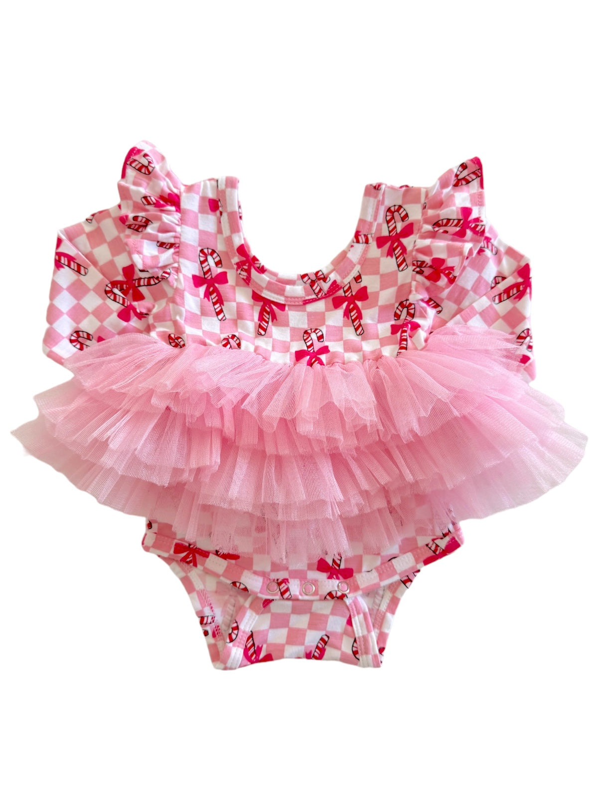 Pink checkered romper with candy print, featuring ruffled sleeves and a fluffy pink tulle skirt.