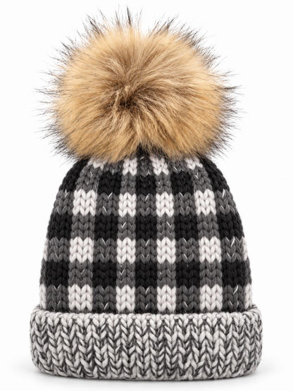 Buffalo Check Fur Pom Hat, Grey