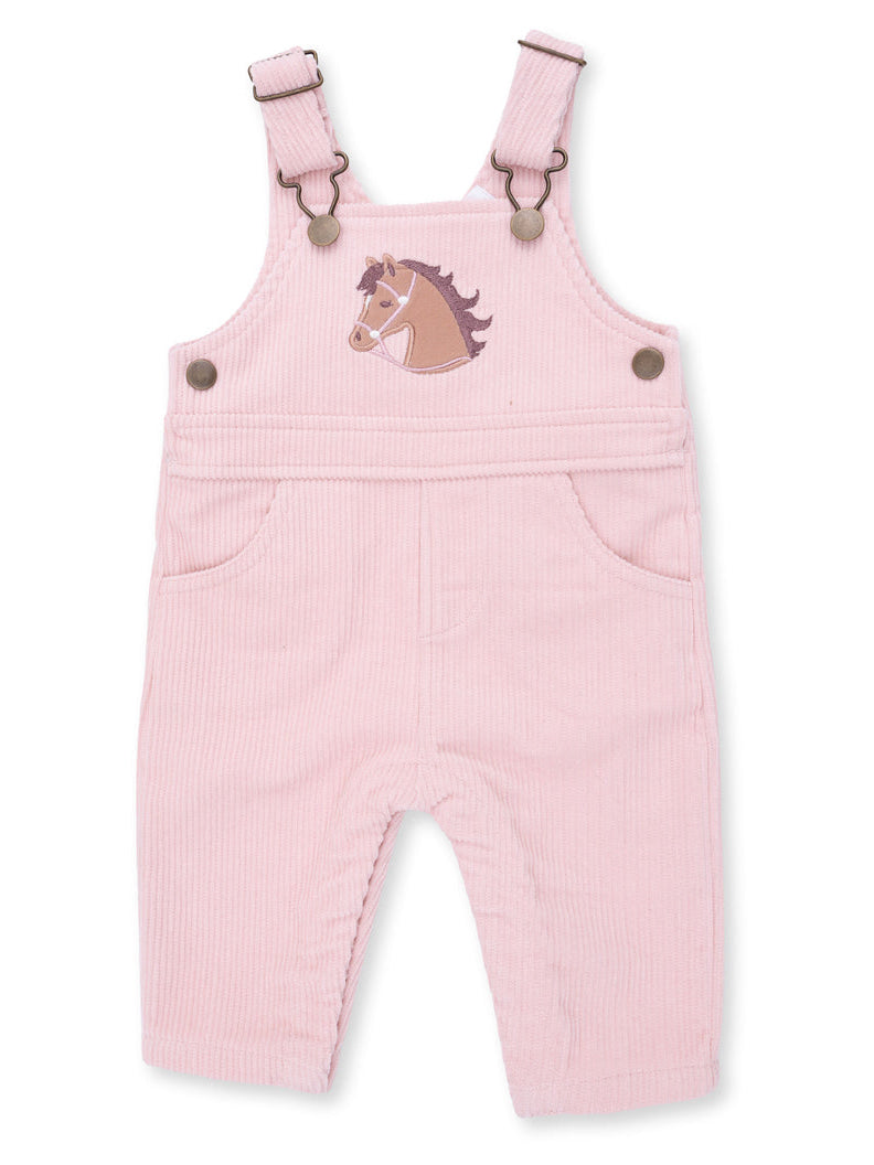 Pink corduroy overalls with horse appliqué and adjustable straps, featuring two front pockets.