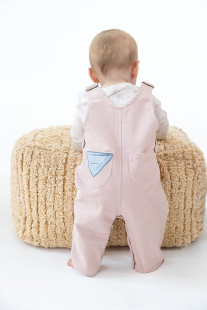 Corduroy Overalls, Veiled Pink Horse Appliqué