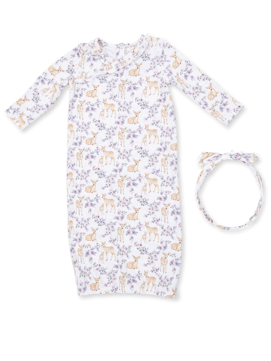 Infant gown and matching headband in floral and deer print, perfect for comfortable baby outfits.