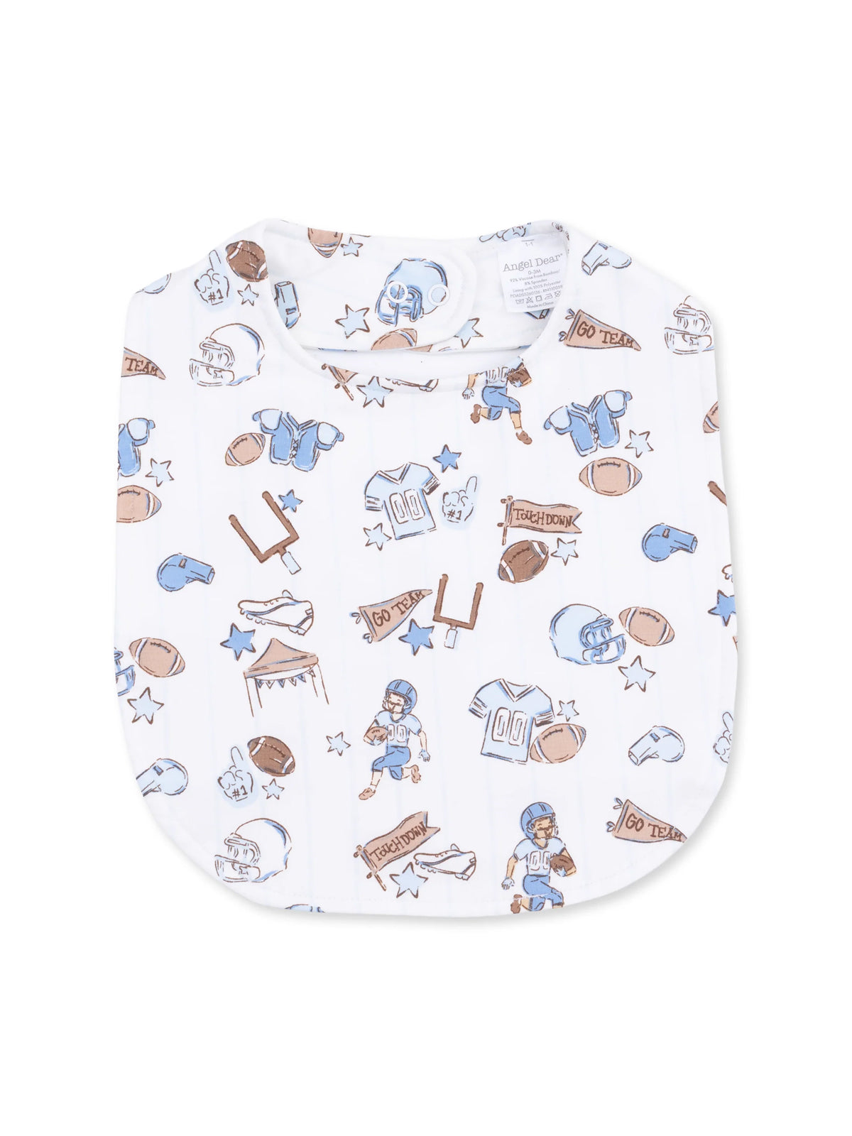 White baby bib with a playful football theme, featuring helmets, footballs, and "Touchdown" graphics.