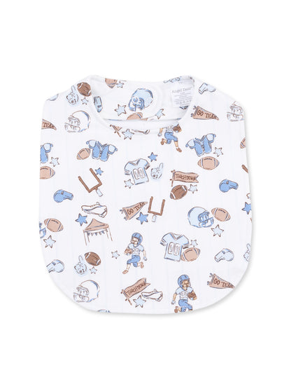 White baby bib with a playful football theme, featuring helmets, footballs, and "Touchdown" graphics.