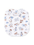 White baby bib with a playful football theme, featuring helmets, footballs, and "Touchdown" graphics.