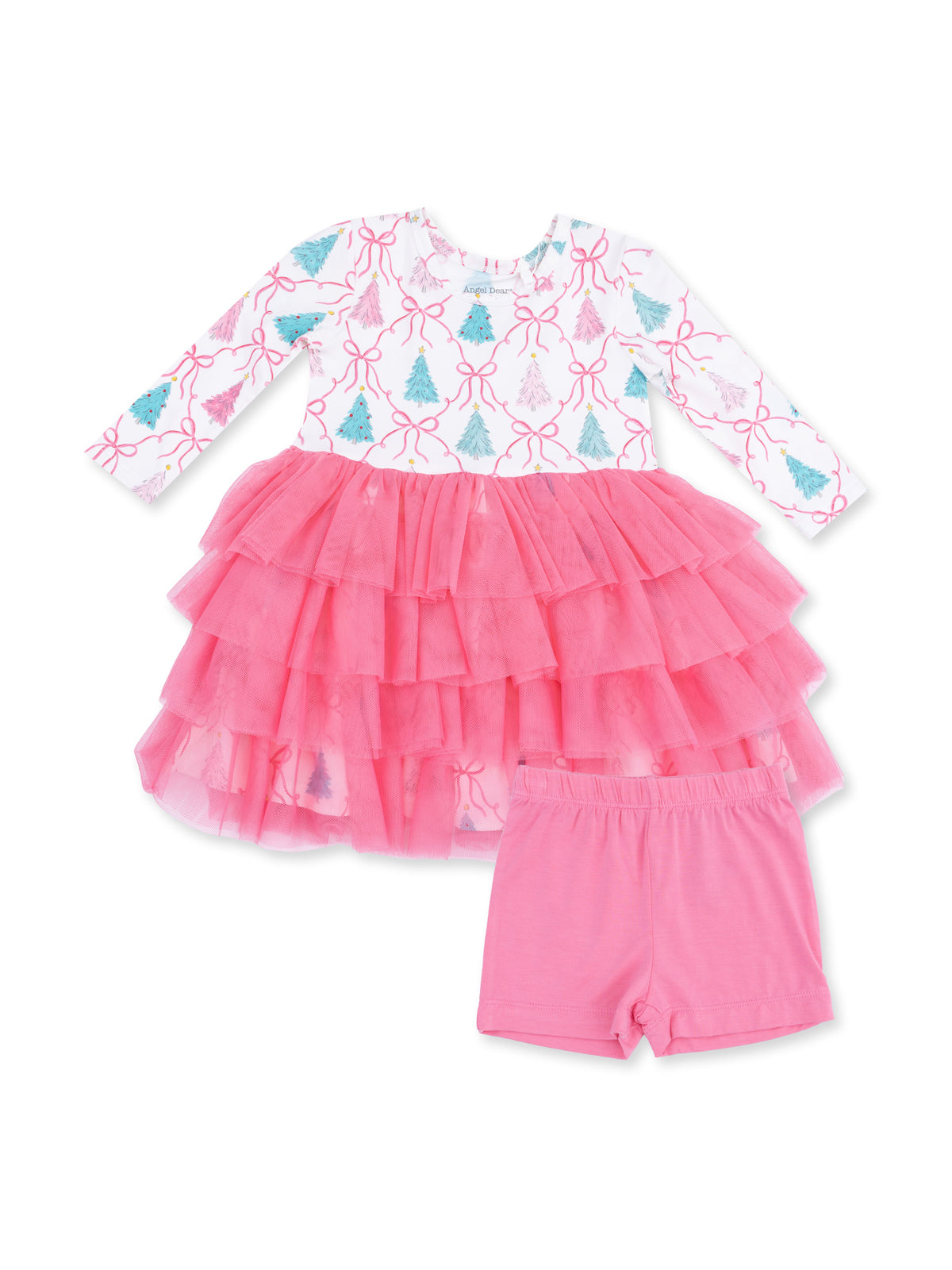 Pink ruffled dress with a white patterned top and matching shorts. Perfect for girls’ casual wear and special occasions.