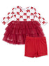 Red bow print dress with tulle ruffle skirt and matching red shorts, perfect for festive occasions.