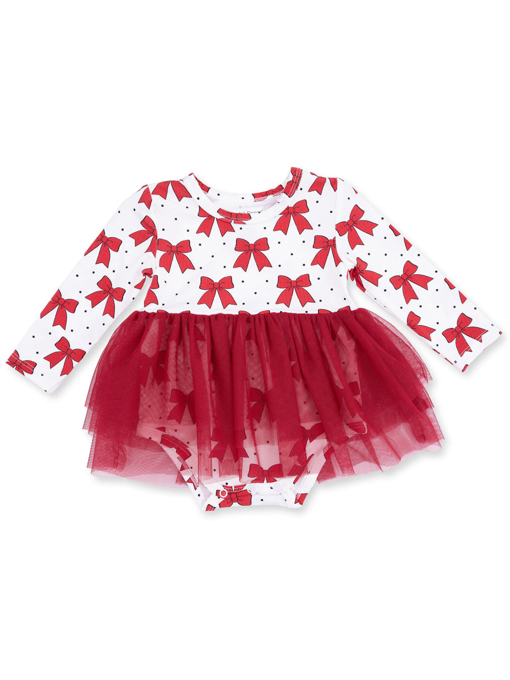 Red bow-patterned long-sleeve baby dress with a tulle skirt and polka dots on a white background.