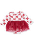 Red bow-patterned long-sleeve baby dress with a tulle skirt and polka dots on a white background.