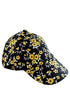 Black cap with a vibrant yellow floral pattern, featuring small white flowers and a curved brim.