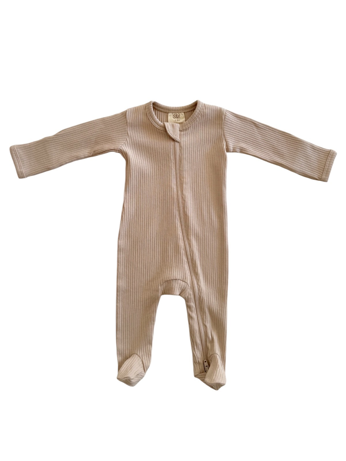 Beige ribbed baby onesie with long sleeves and a front zipper, designed for comfort and ease.