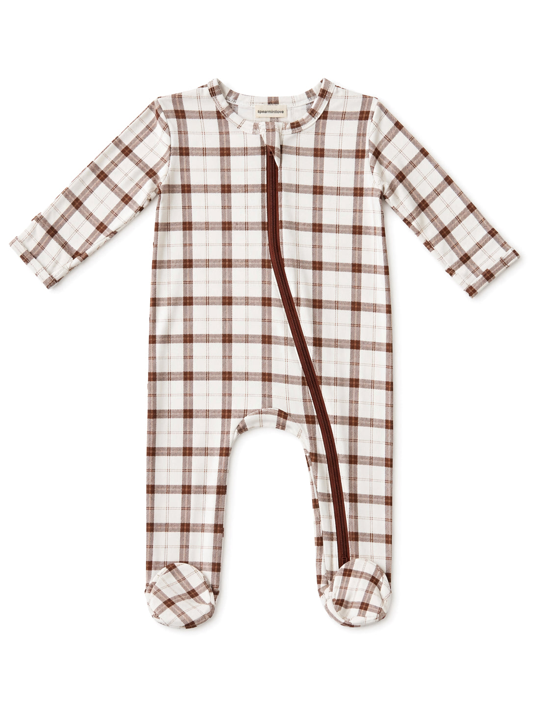 Brown and white plaid baby onesie with zip closure and footed design. Soft fabric ideal for comfort and warmth.