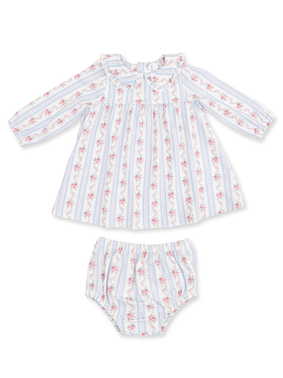 Floral print baby dress with matching bloomers in pastel colors, featuring long sleeves and a ruffled collar.
