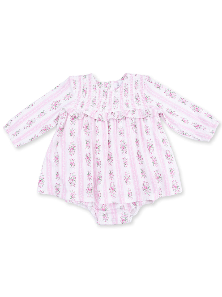 Pink floral infant dress with long sleeves and ruffled bottom, perfect for spring and summer occasions.