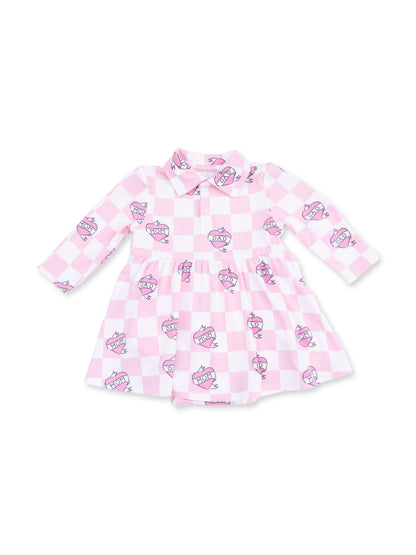 Long Sleeve Tennis Bodysuit Dress, Heart Tattoo Check Pink
