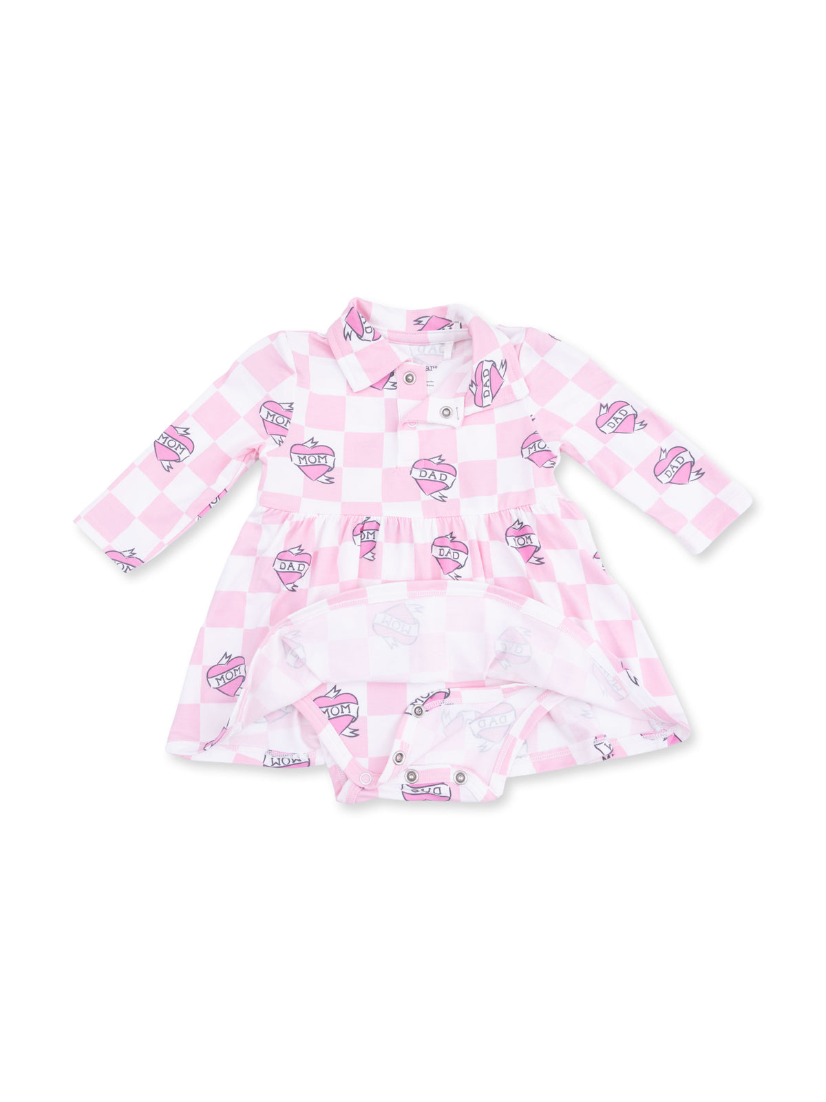 Long Sleeve Tennis Bodysuit Dress, Heart Tattoo Check Pink