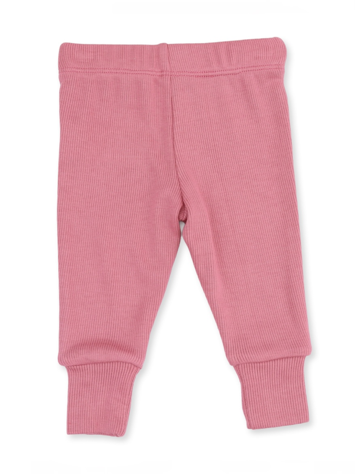 Light pink baby leggings with ribbed texture and elastic waistband. Ideal for comfort and style.