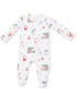 White baby onesie featuring colorful holiday-themed graphics, including Santa, palm trees, and a truck with a Christmas tree.