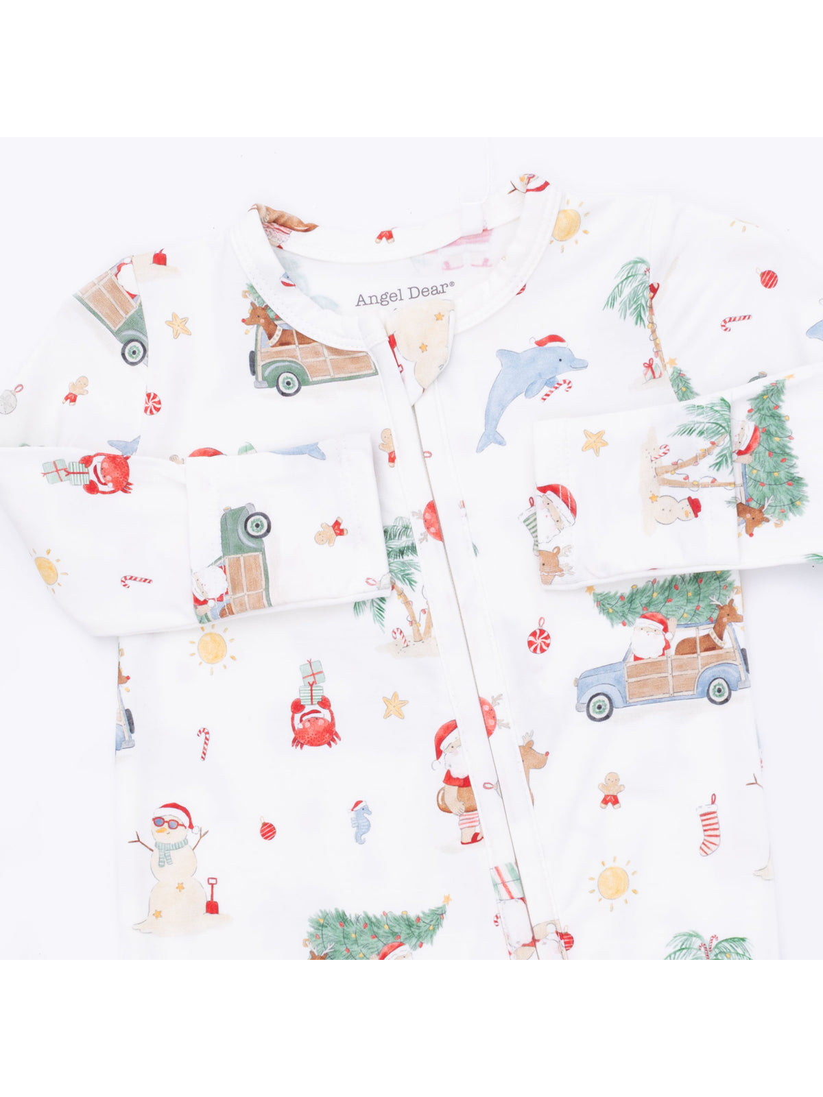 White baby onesie featuring festive Christmas illustrations of animals, Santa, and holiday decorations.