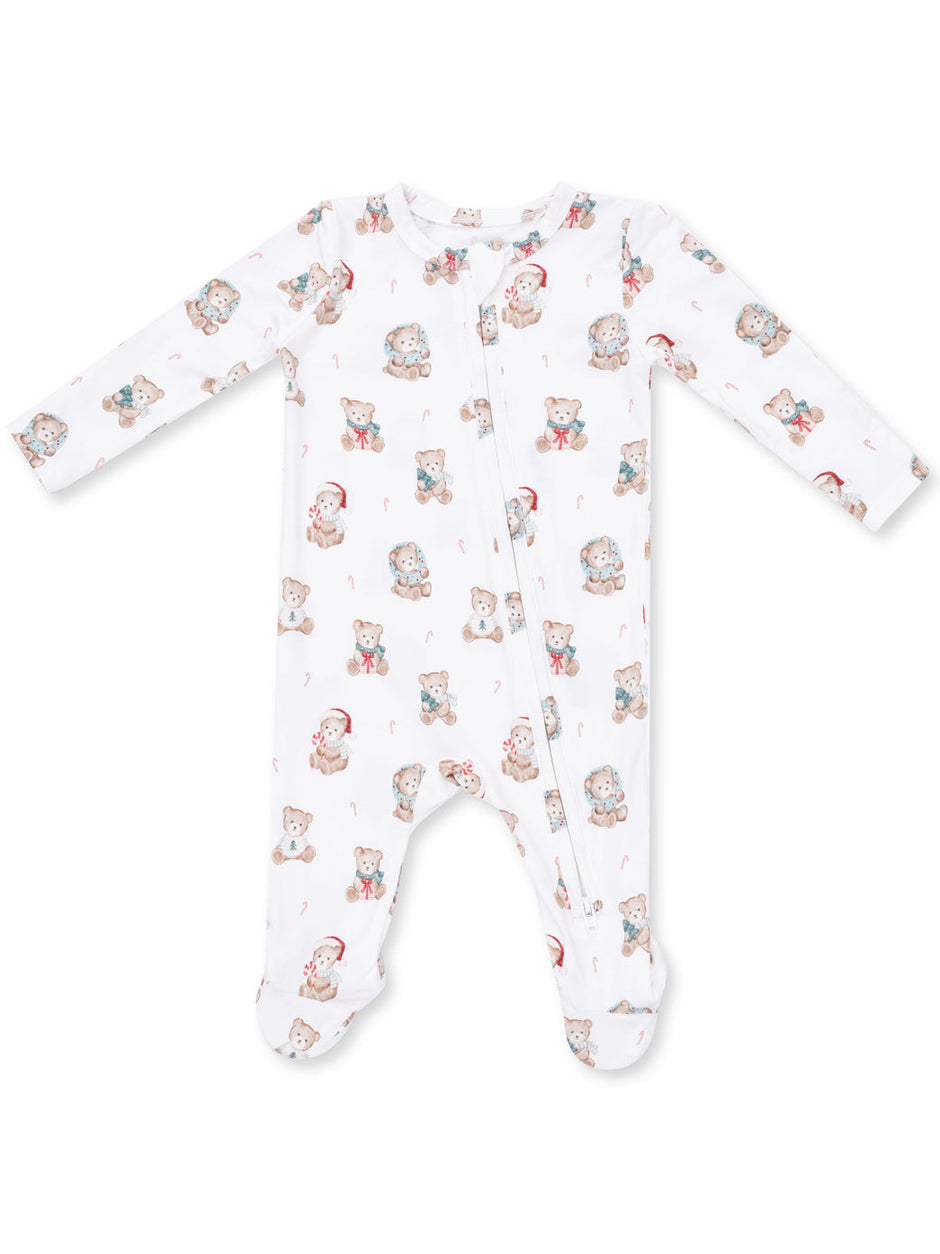 White baby onesie with colorful bear and holiday-themed patterns. Ideal for festive occasions.