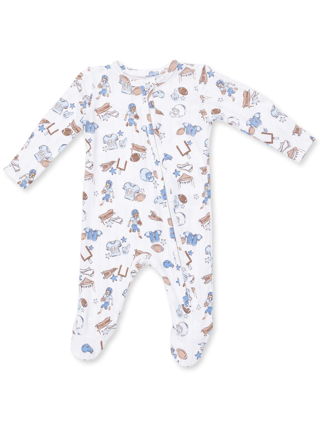 White onesie with blue and brown sports-themed prints, featuring various sports equipment and playful characters.