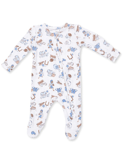 White onesie with blue and brown sports-themed prints, featuring various sports equipment and playful characters.