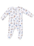 White onesie with blue and brown sports-themed prints, featuring various sports equipment and playful characters.
