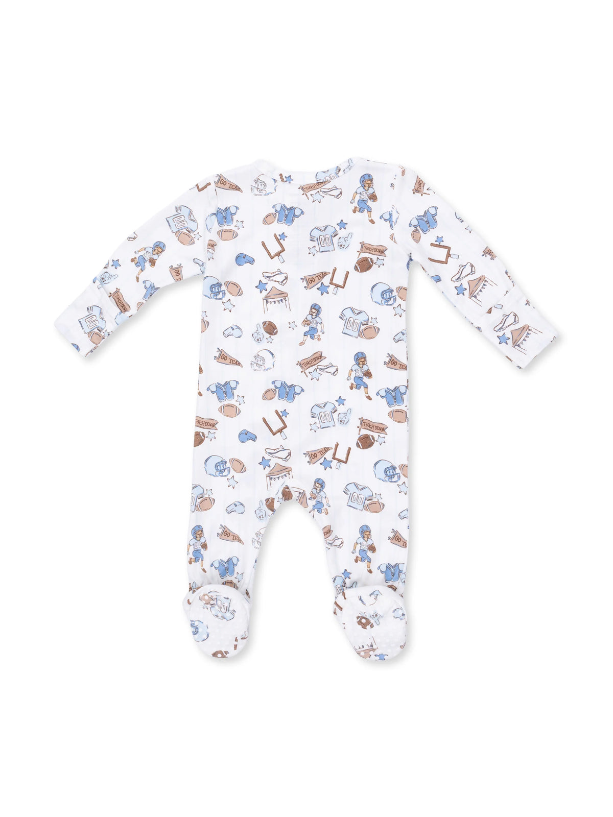 Baby onesie with playful sports-themed patterns in blue and brown on a white background.